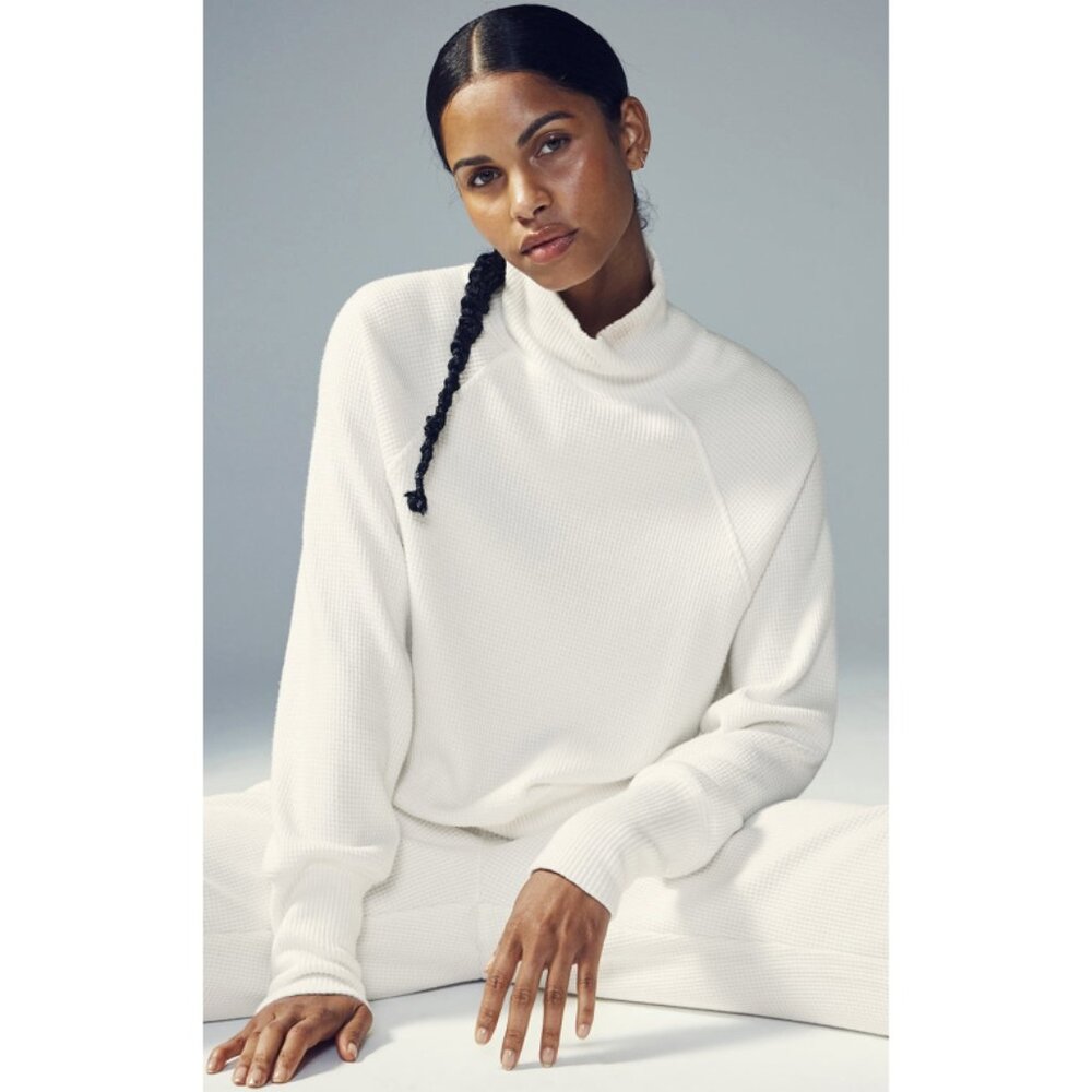 Alo Weekend Escape Mock Neck Long Sleeve Ivory Waffle Thermal Turtleneck Sweater - Picture 6 of 16